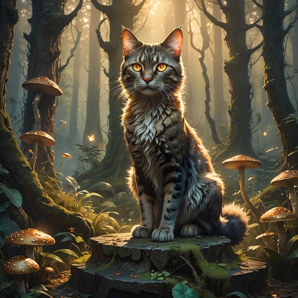 Mystical Cat in Forest, Fantasy Concept Art