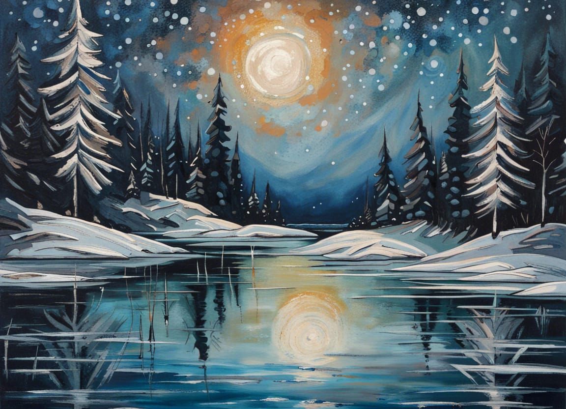 Winter Landscape with Starry Sky Reflection