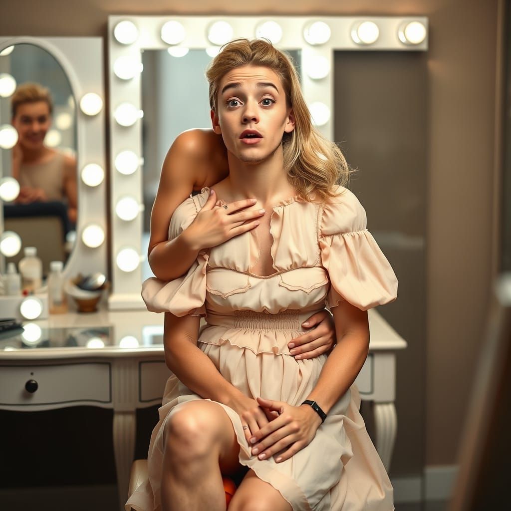 Surprised Man in Frilly Dress at Vanity