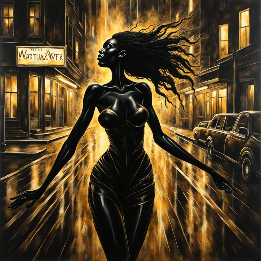 Black Woman Silhouette in Gold and Black Cityscape Painting