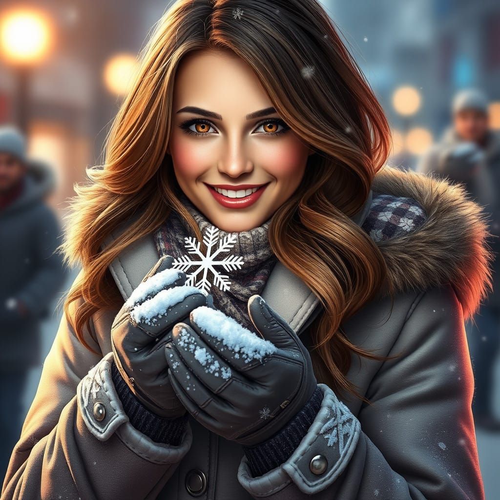 Glamorous Winter Portrait of a Brown Haired Woman in Snowy C...