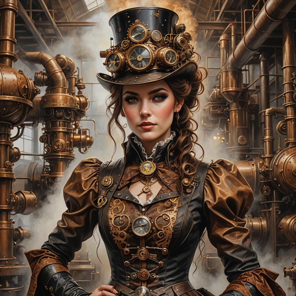 Steampunk Lady in Bronze Factory, Photorealistic