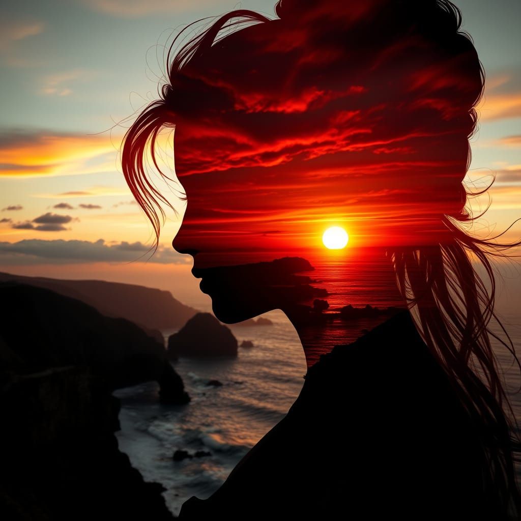 Goddess Silhouette with Sunset Coast Double Exposure