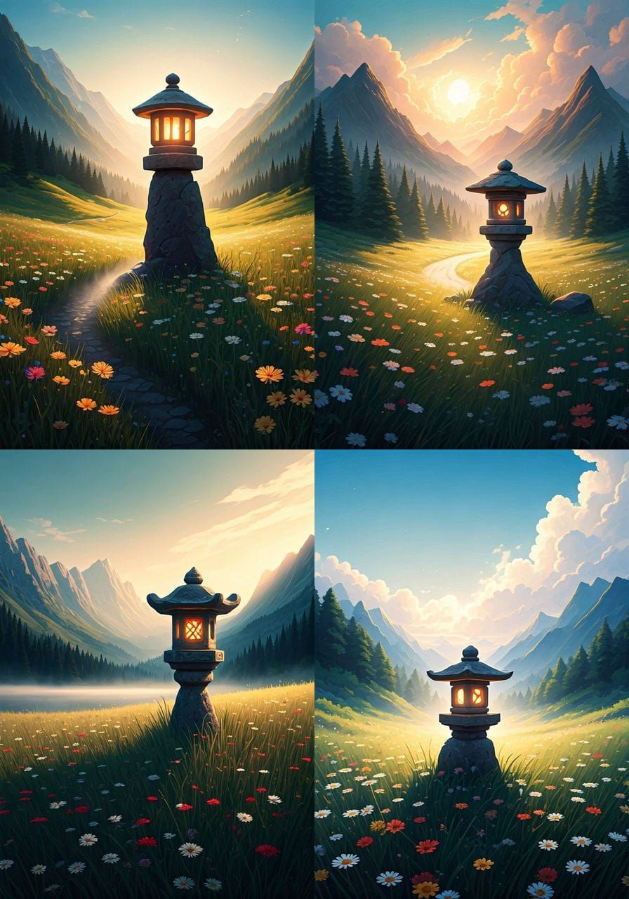 Sun-Drenched Meadow with Ancient Stone Lantern