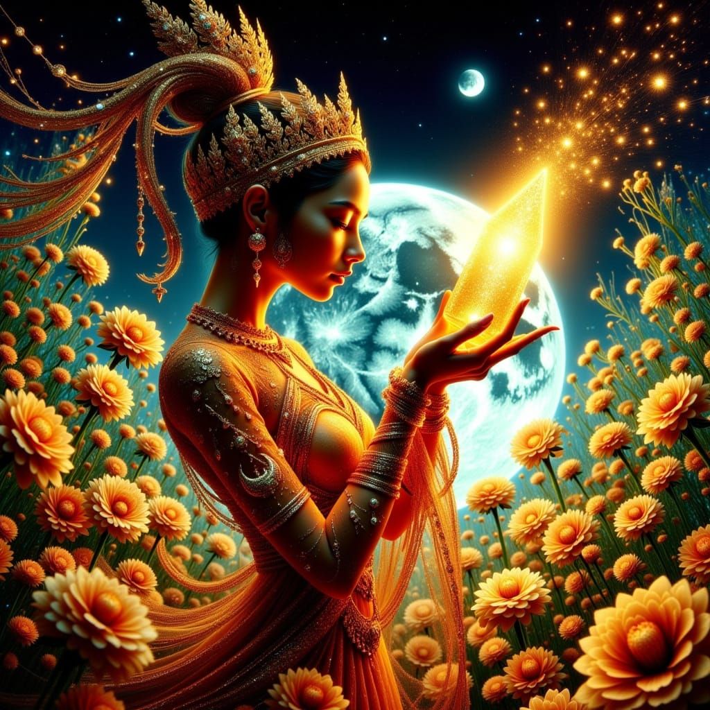 Ethereal Thai Goddess in Ancient Kanok Thai Pattern Attire