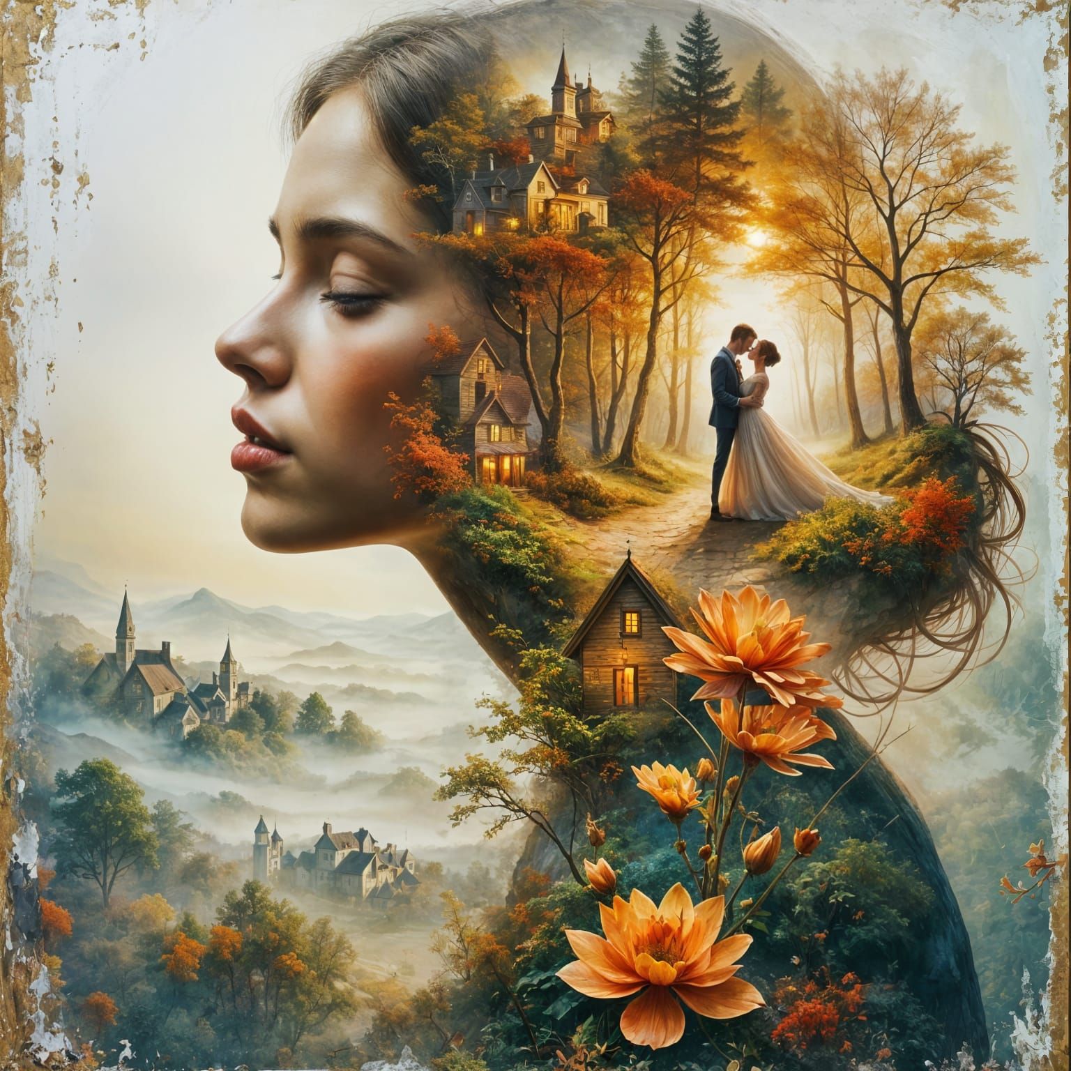 Surrealist Double Exposure Oil Painting of a Woman's Wedding...