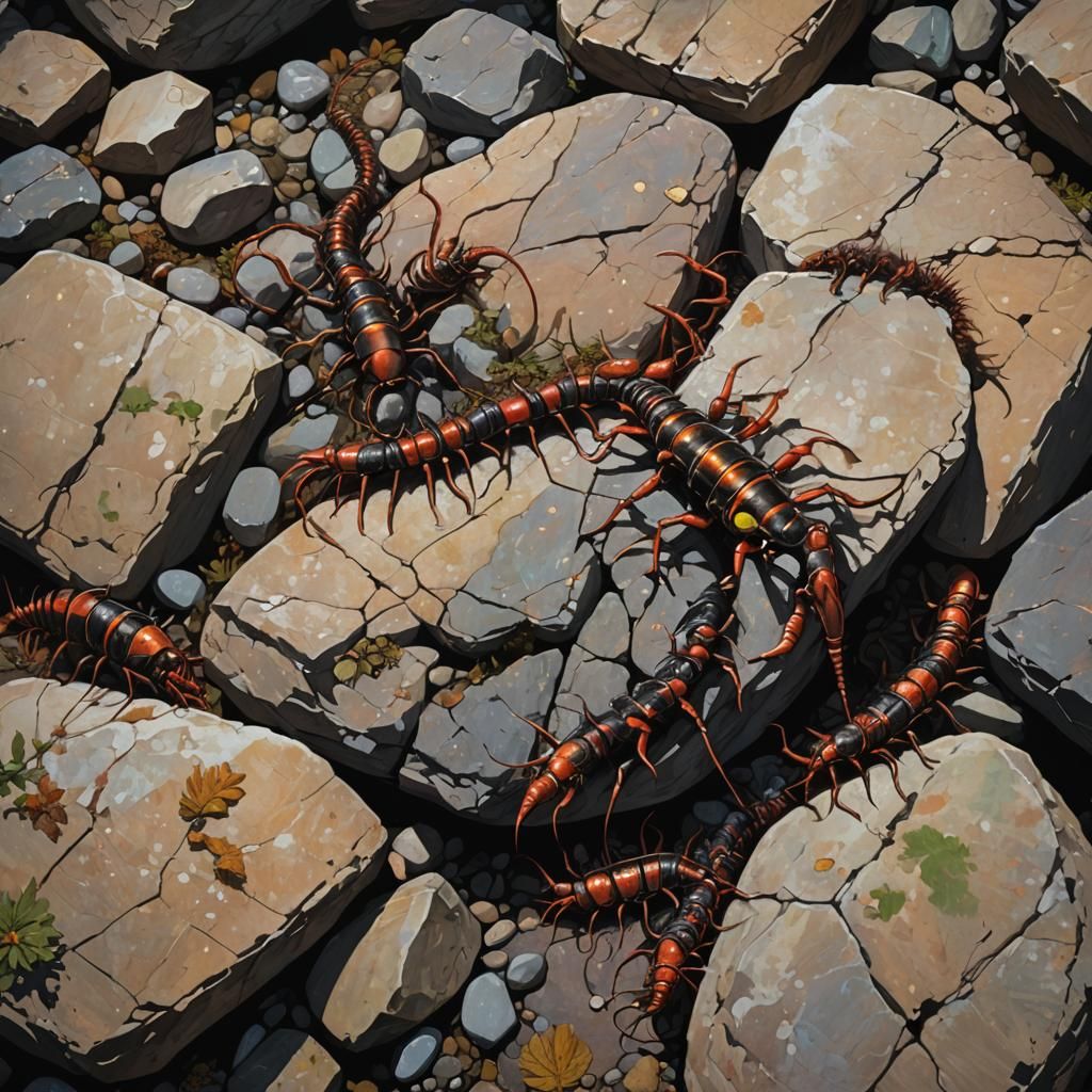 Sinister Centipede on Rocks, Fantasy Art Style