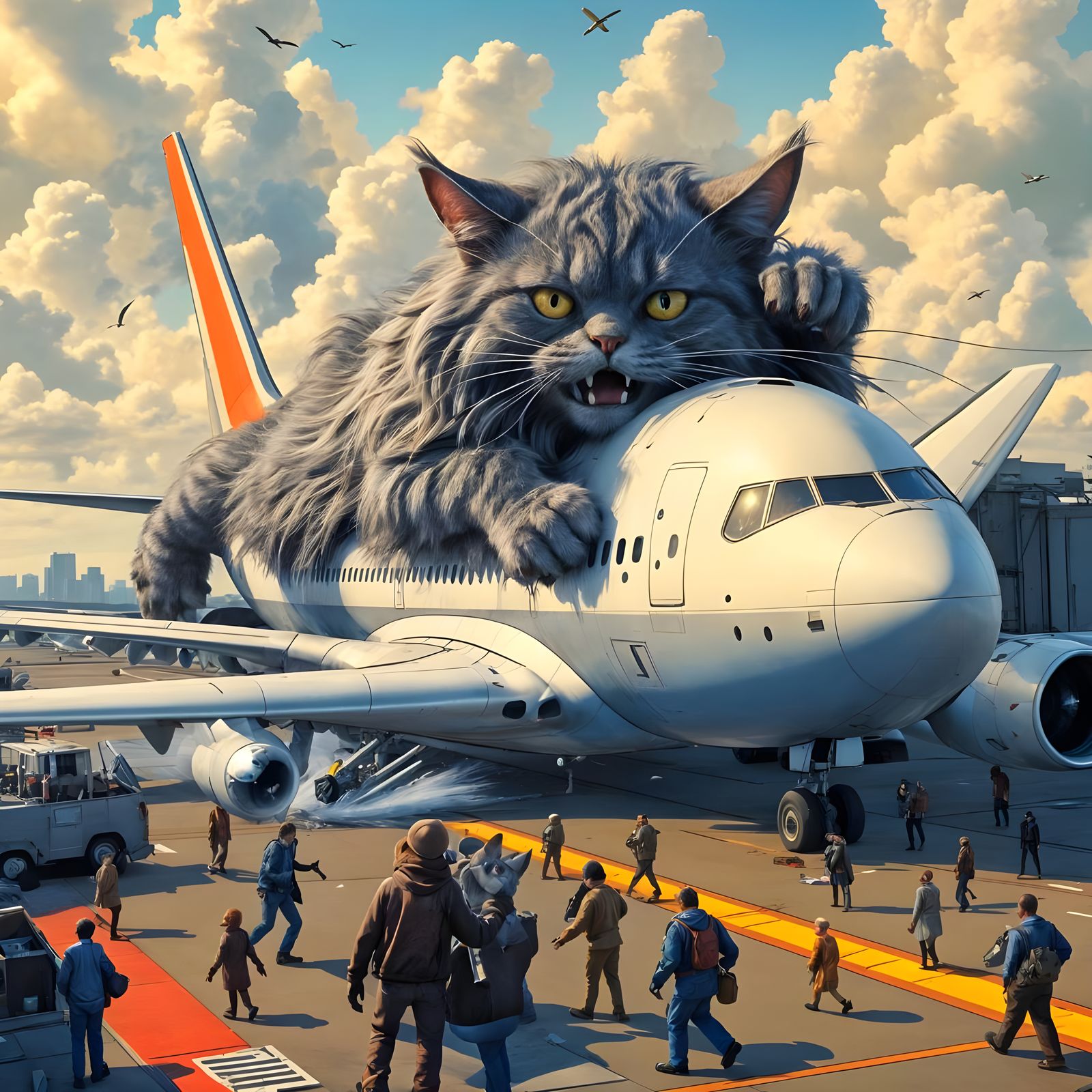 Giant Cat Chaos at the Airport in Comic Style