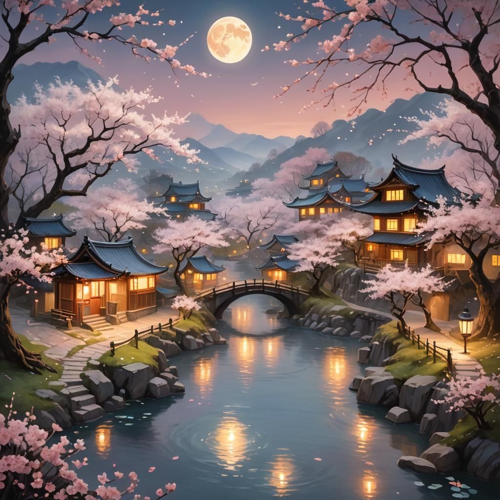 Mystical Village: Cherry Blossoms Under a Glowing Moon