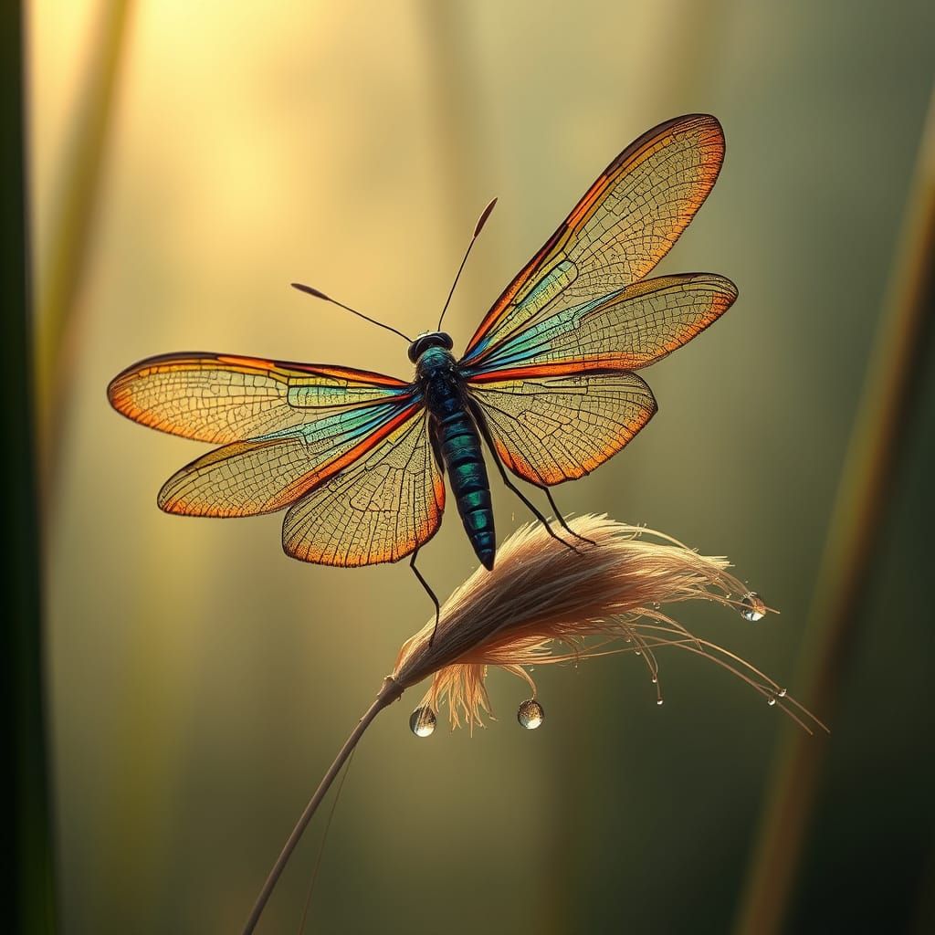 Phasmida in Morning Dew, Typha latifolia, Iridescent Wings