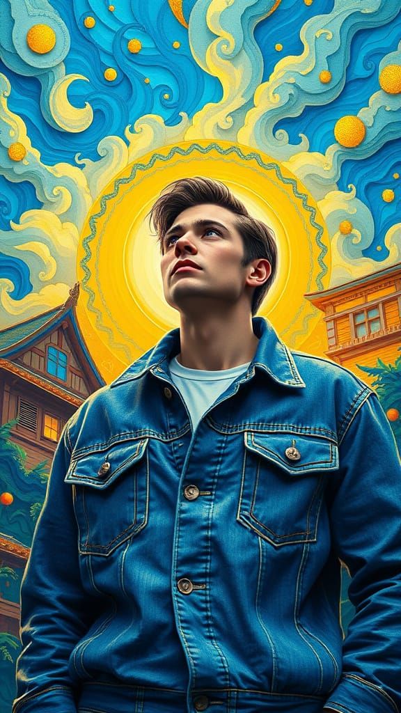 Sky Blue Denim Jean Jacket Studio Ghibli cool colors complementary colors deep color yellow and blue detailed painting m...