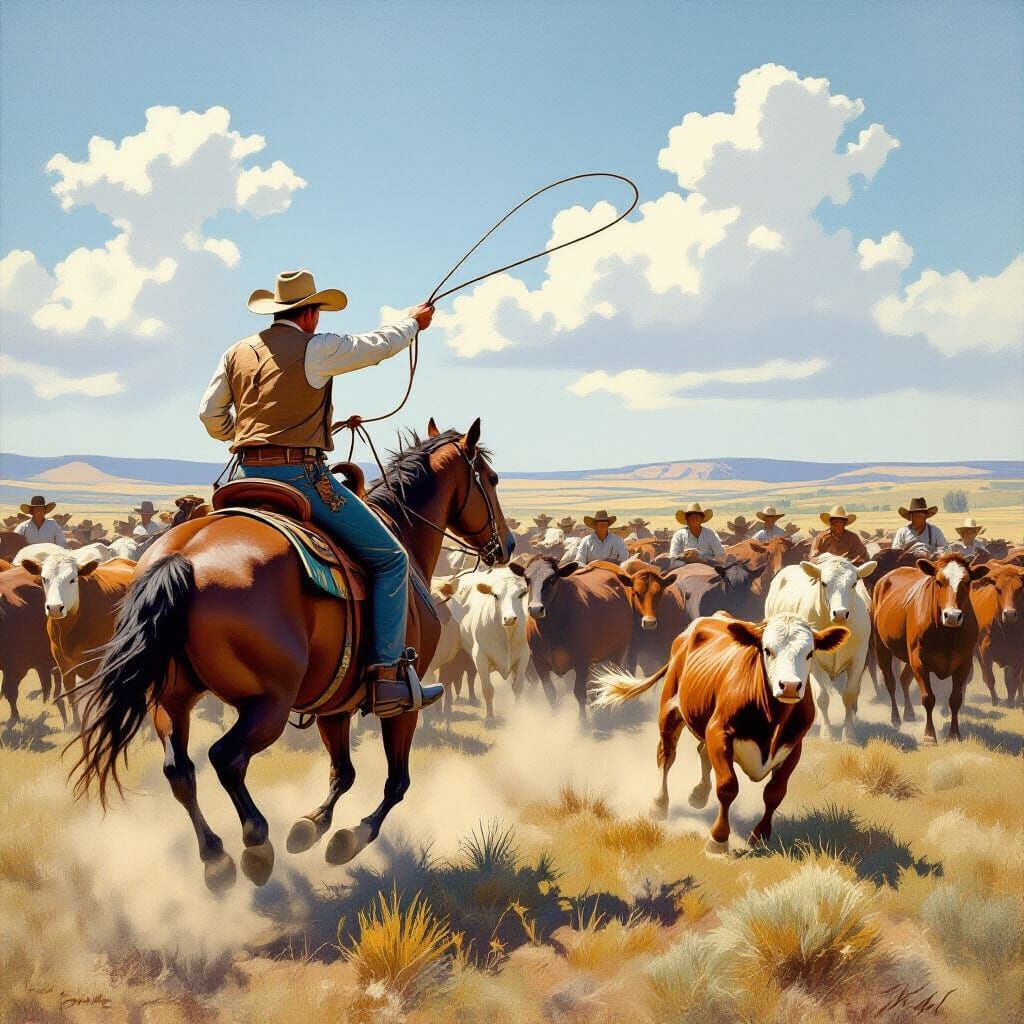 Cowboy Lassoing Calf on Great Plains in Western Art Style