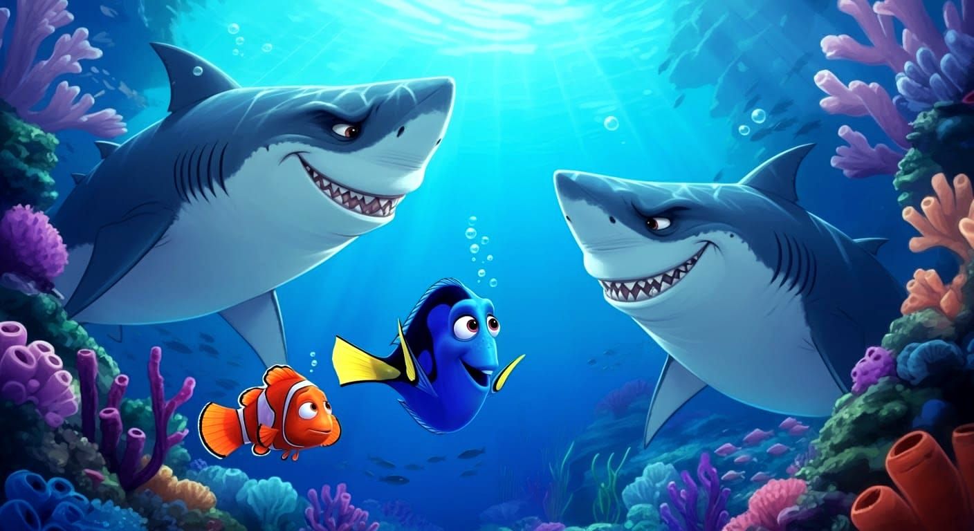 Nemo Confronts Sharks: Anime-Style Underwater Scene