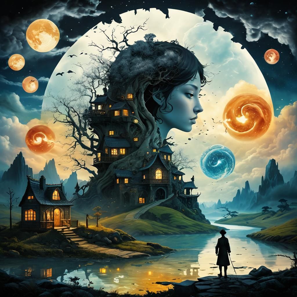 Surreal Stargate Scene with Bonsai and Dreamscape Sunset