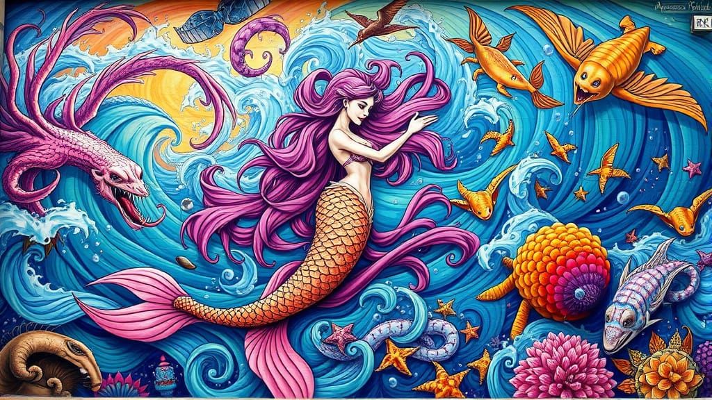 Vibrant Mermaid Queendom Mural in Comic Book Style
