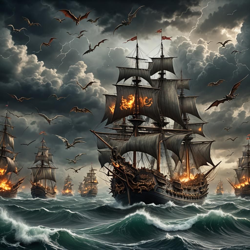 Dragons Attacking Ships on a Stormy Sea