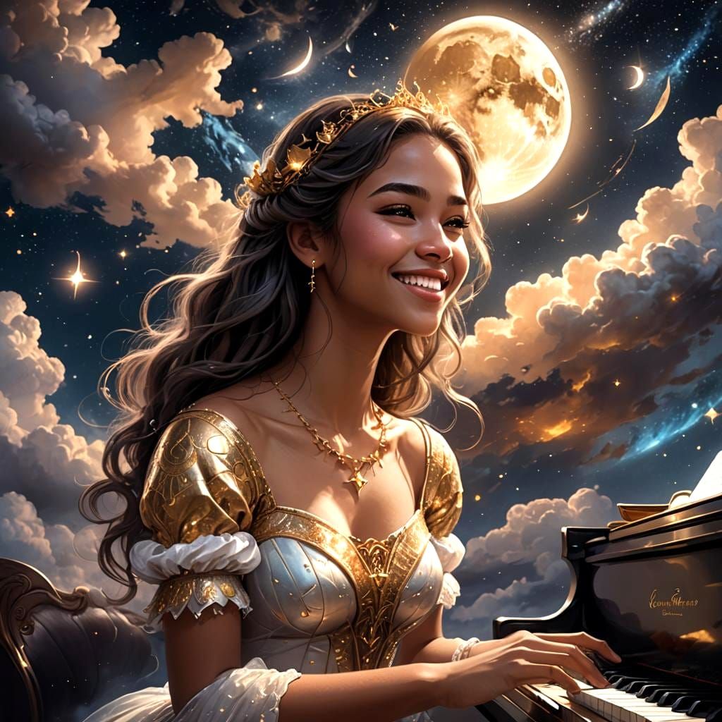 Moonlit Girl Plays Piano in Galaxy
