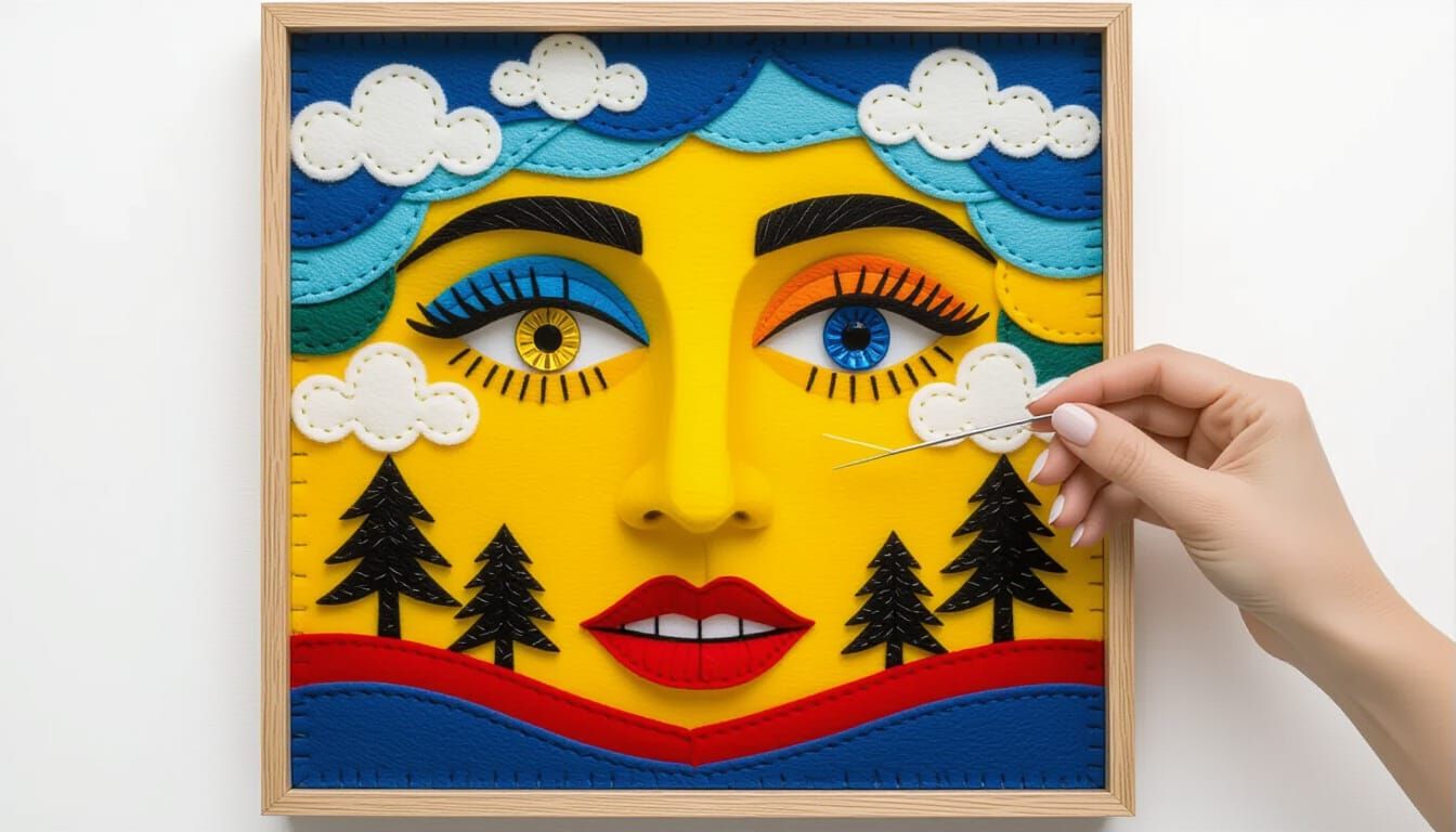 Colorful Felt Face Portrait with Thread Landscape