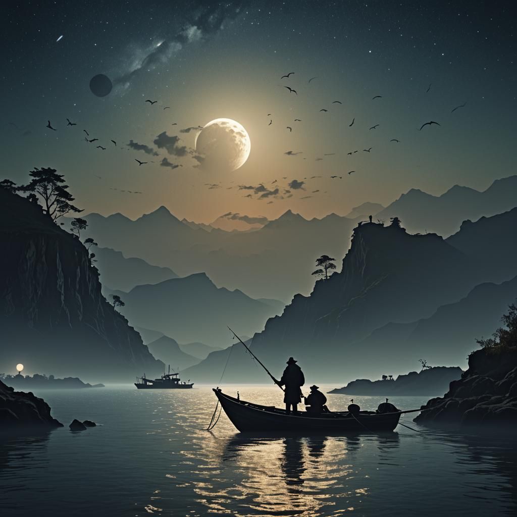 Fisherman Silhouette Under Crescent Moon: Digital Matte Pain...