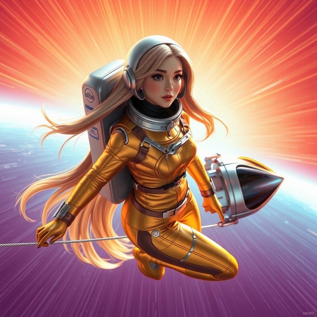 Woman in Golden Spacesuit Floating in Space