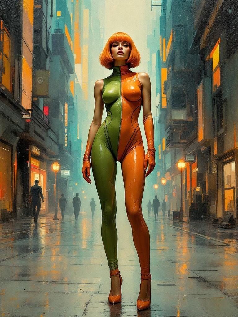 Sci-Fi Woman in Gritty Cityscape as Impressionist Wax Art