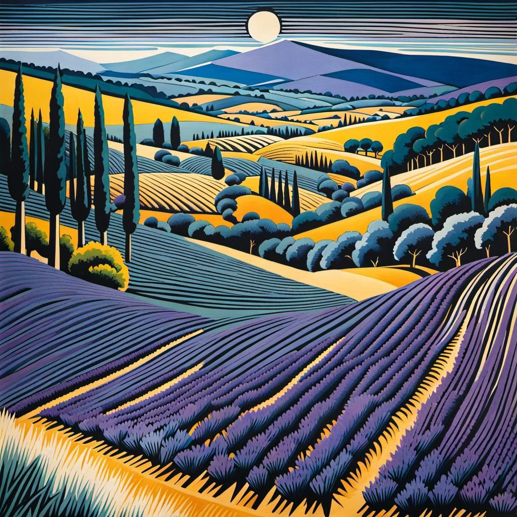 Lavender Field: Cubist Ink Drawing in Picasso Style