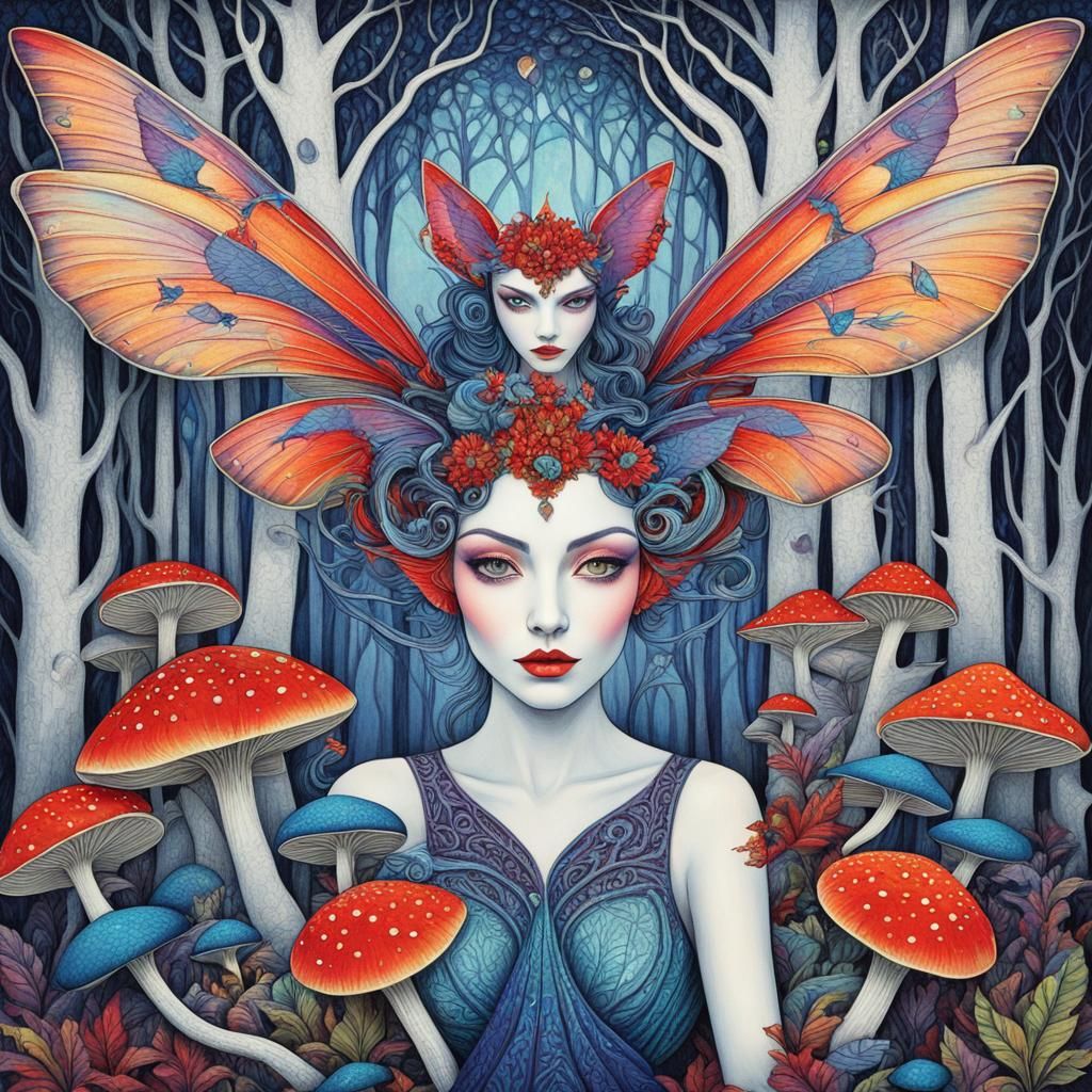 Cubist Fairy with Geometric Wings on Mushroom