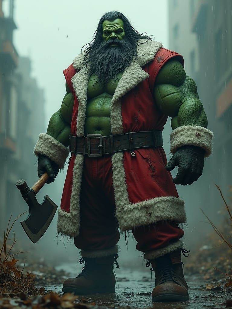 Epic Black Santa Claus in Dynamic Pose with Ax