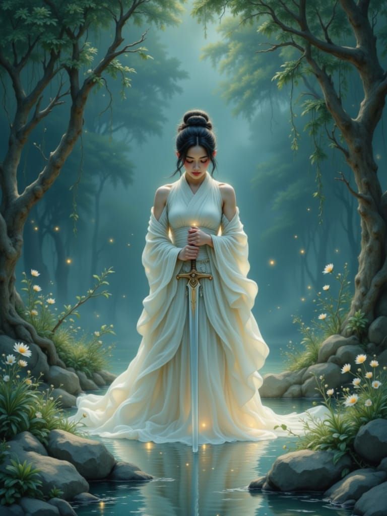 Ethereal Warrior Kneels in Tranquil Moonlit Grove