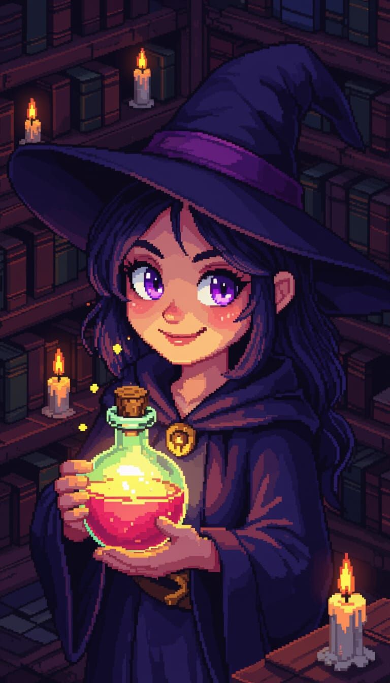 Isometric Pixel Art Witch in Library
