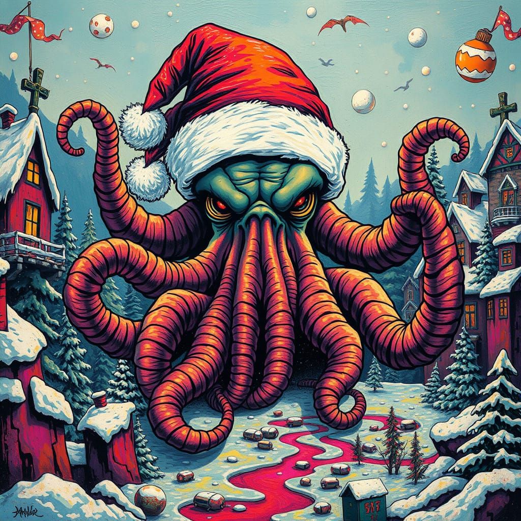 Grotesque Cthulhu in a Vibrant, Psychedelic Winter Wonderlan...