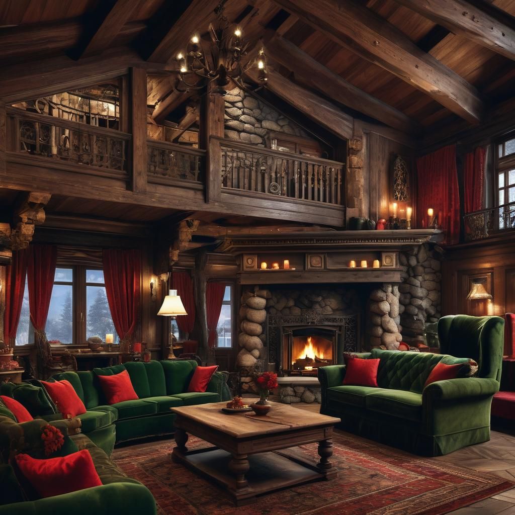Austrian Chalet Interior with Fireplace and Velvet Furnishin...