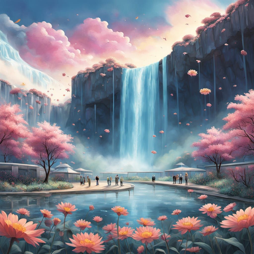 Surreal Mall with Waterfall in Science Fiction Style