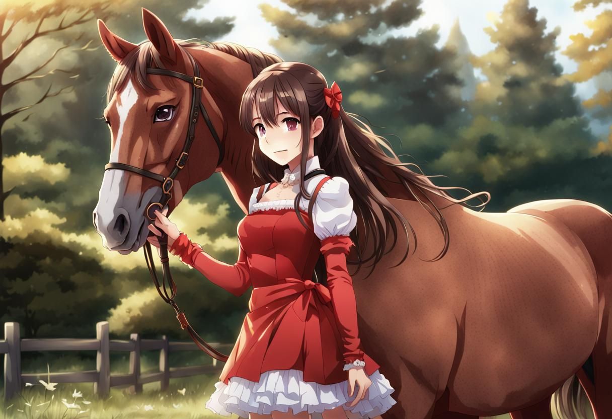 Girl in Red Dress with Horse in Anime Style