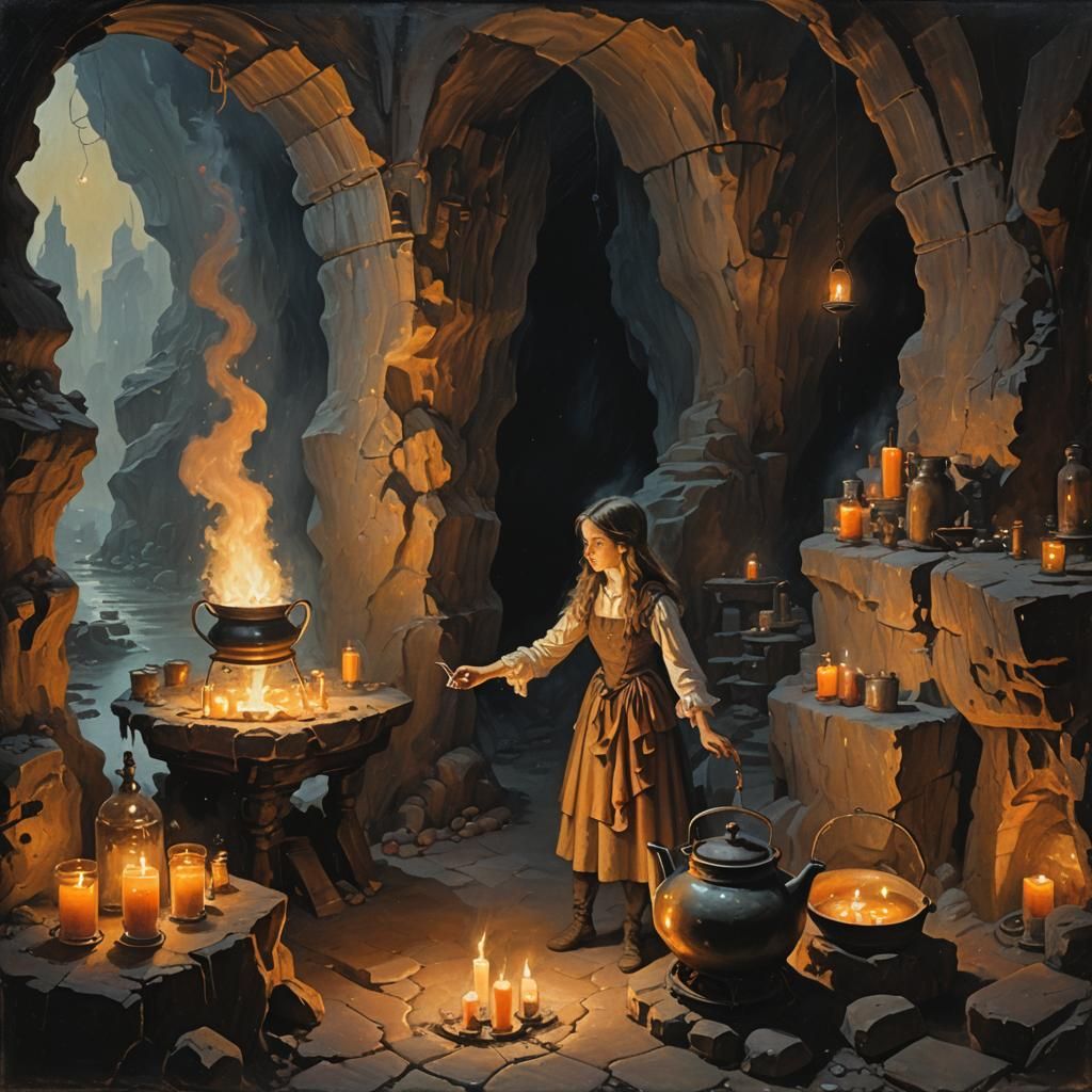 Girl with Magic Potion in Candlelit Cave
