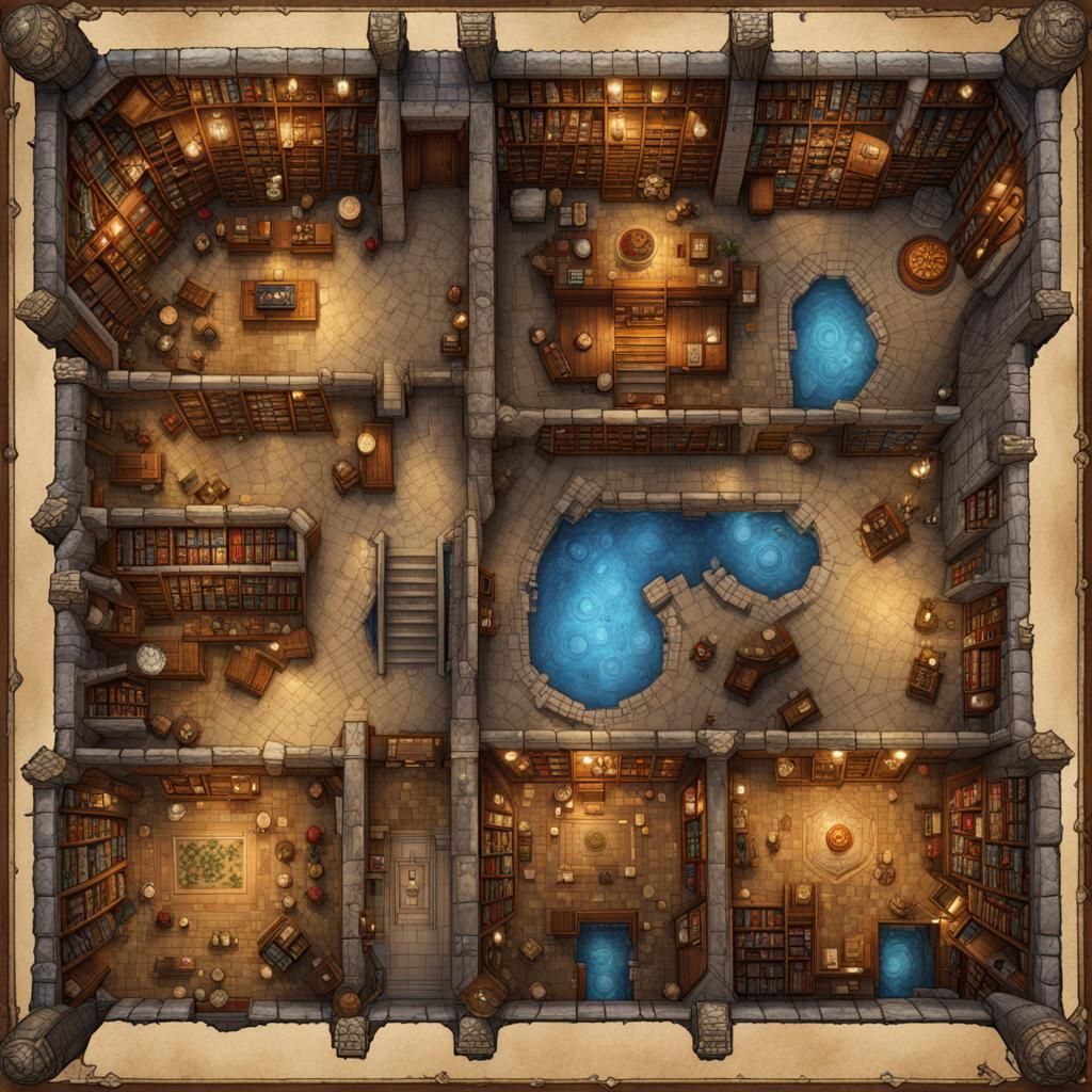 Wizard's Library Battlemap for D&D in Top-Down View