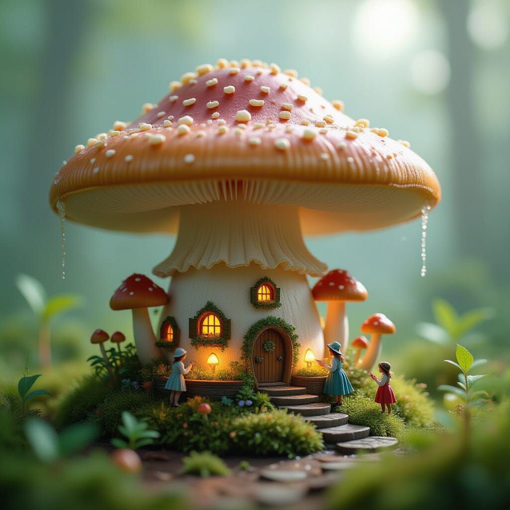 Miniature Village Inside Giant Mushroom Cap, Ethereal Light