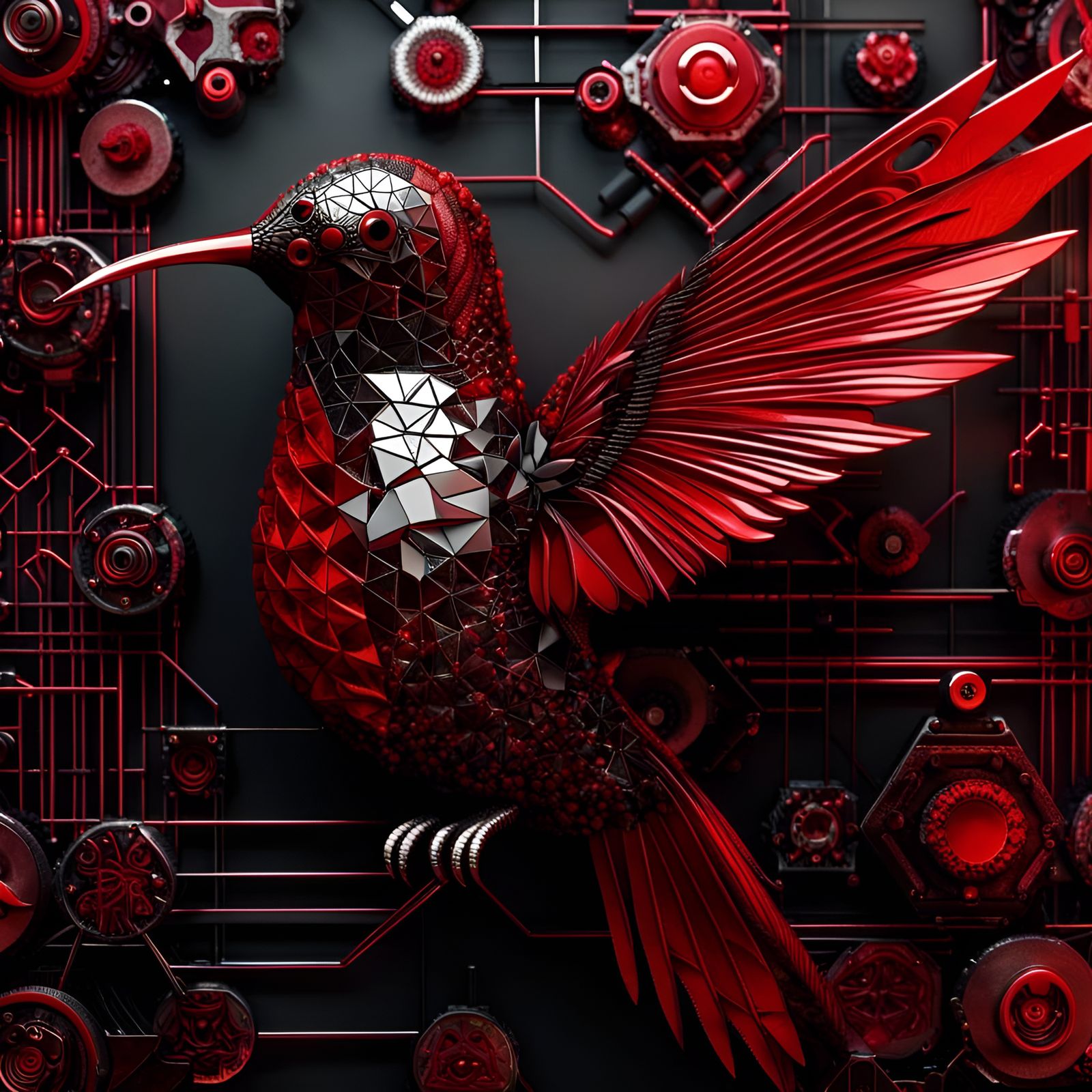 Cyberpunk Rococo Geometric Hummingbird in Mixed Media