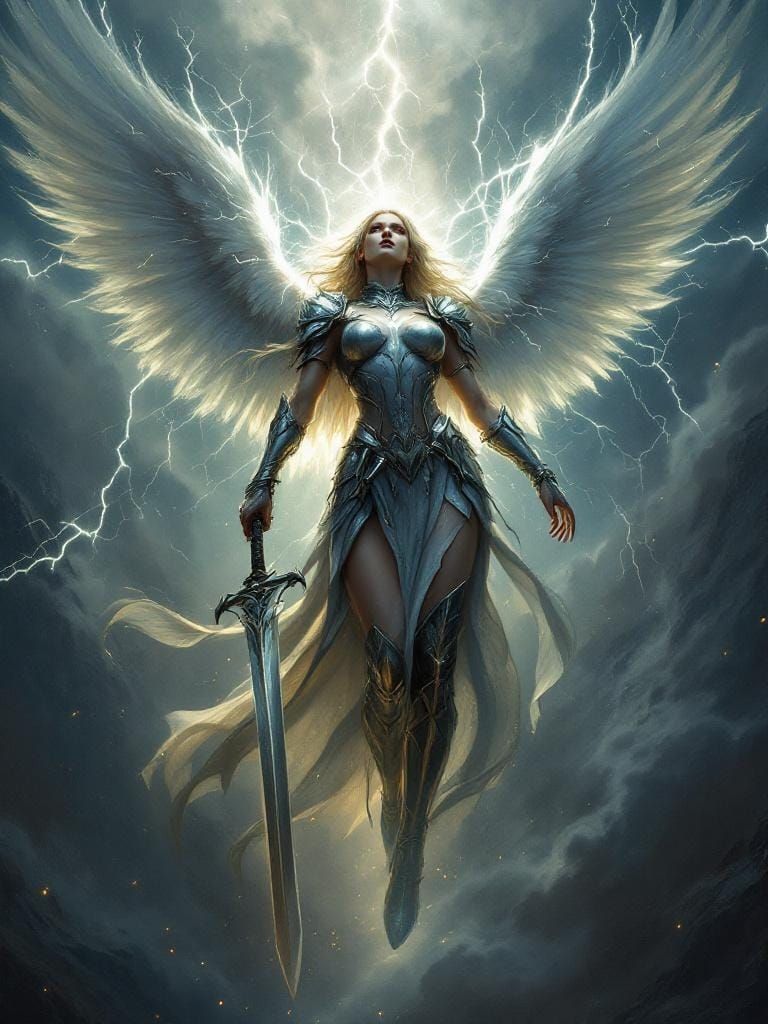 Winged Valkyrie Descending in a Raging Storm