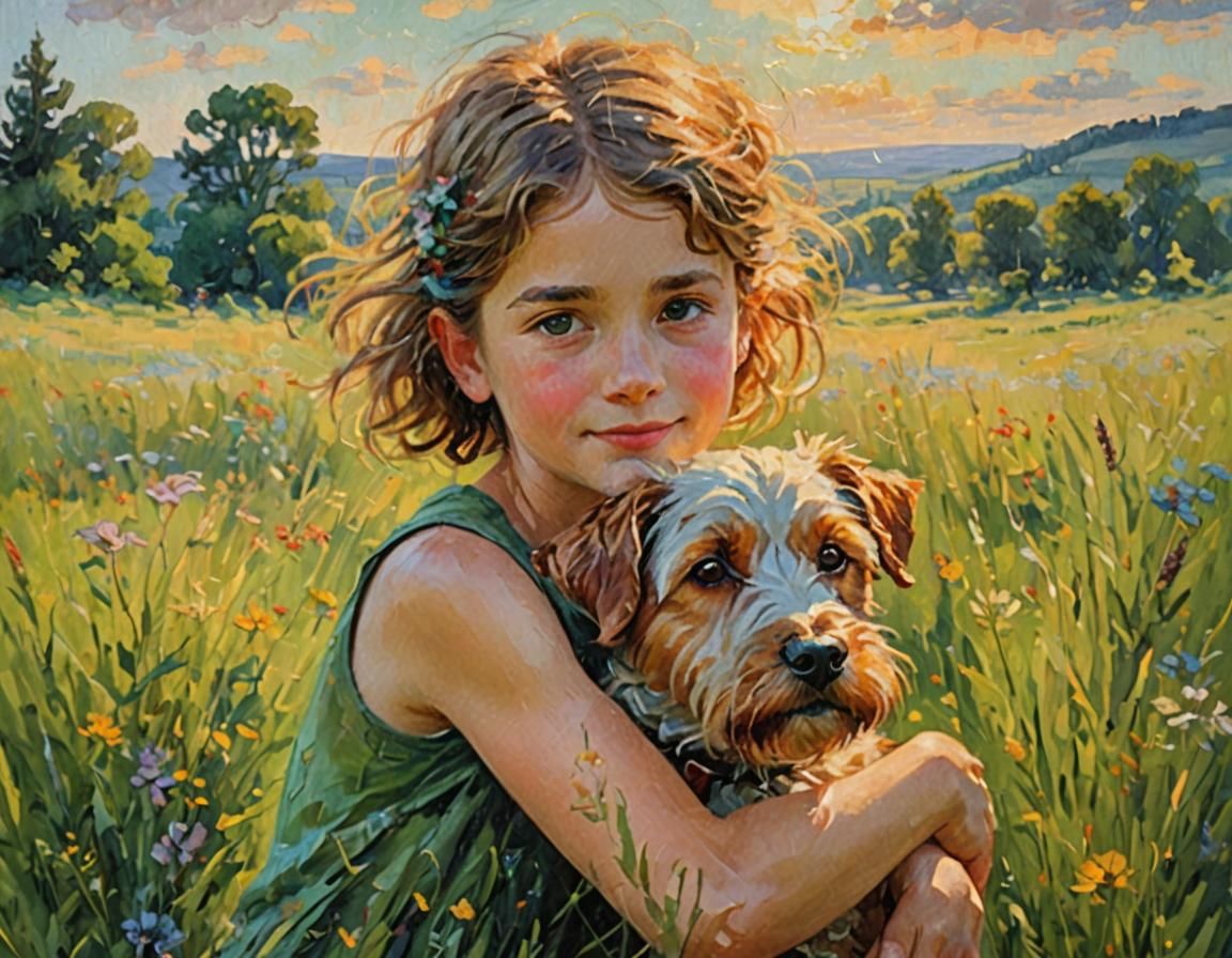 Girl and Dog Walking in Impressionist Meadow