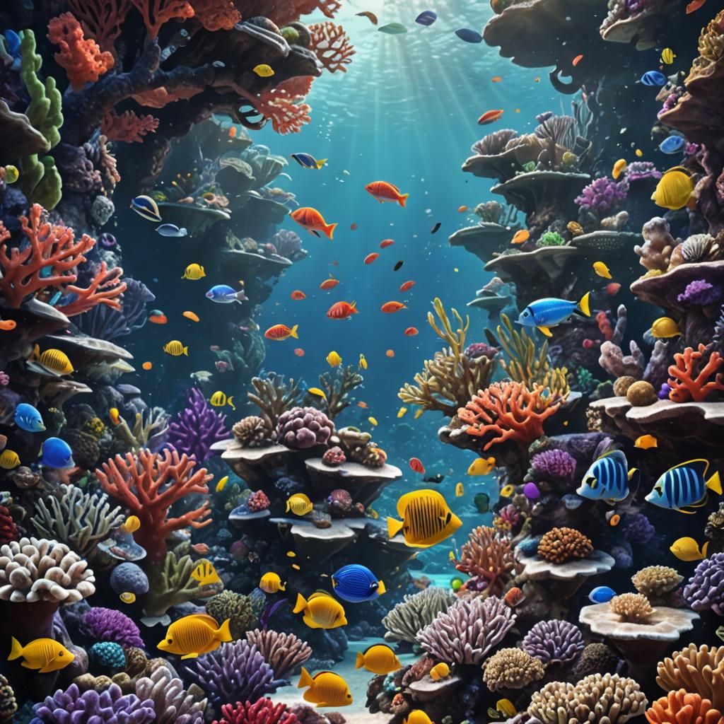 Stunning Coral Reef with Tropical Fish, Detailed Matte Paint...