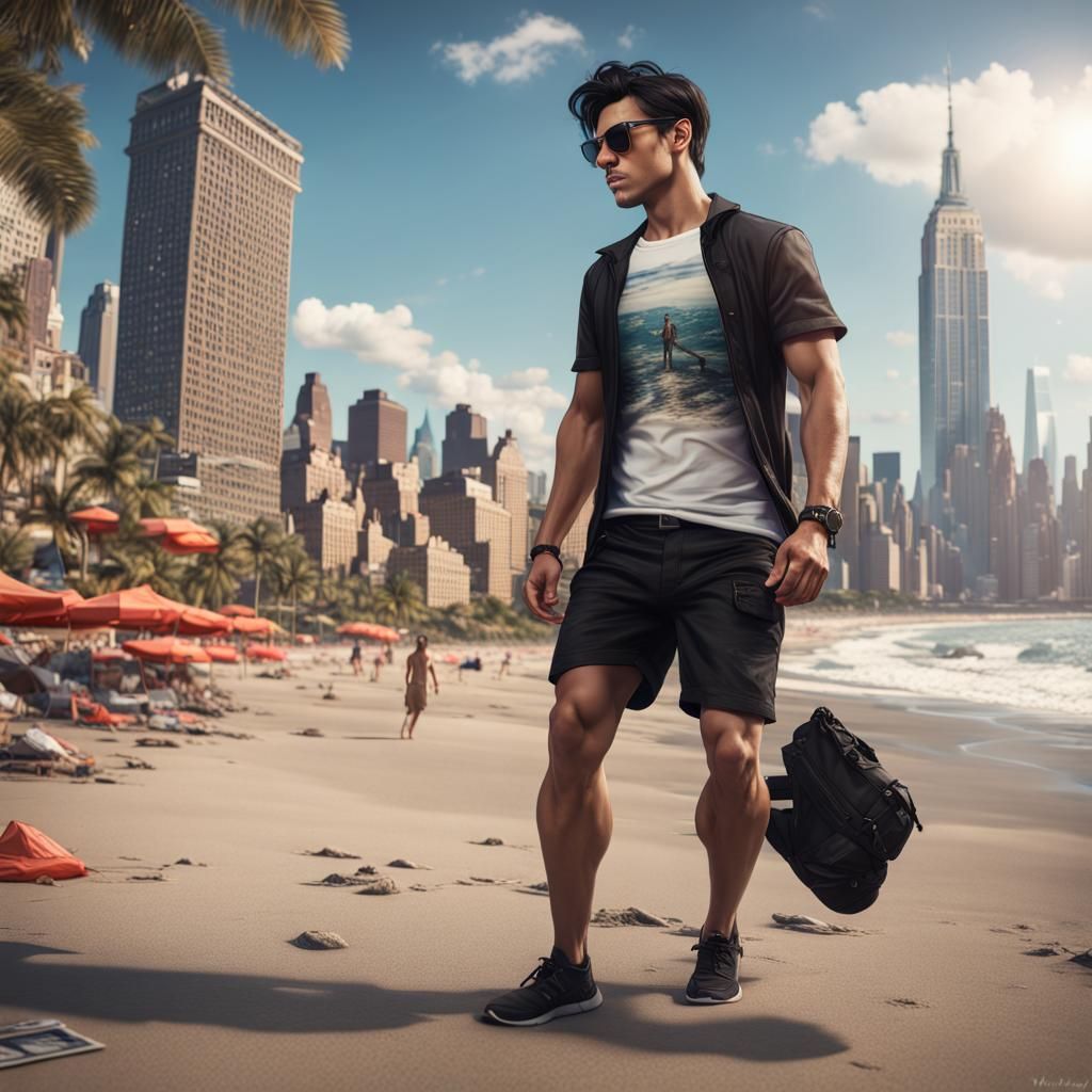 Man on Beach with New York Backdrop