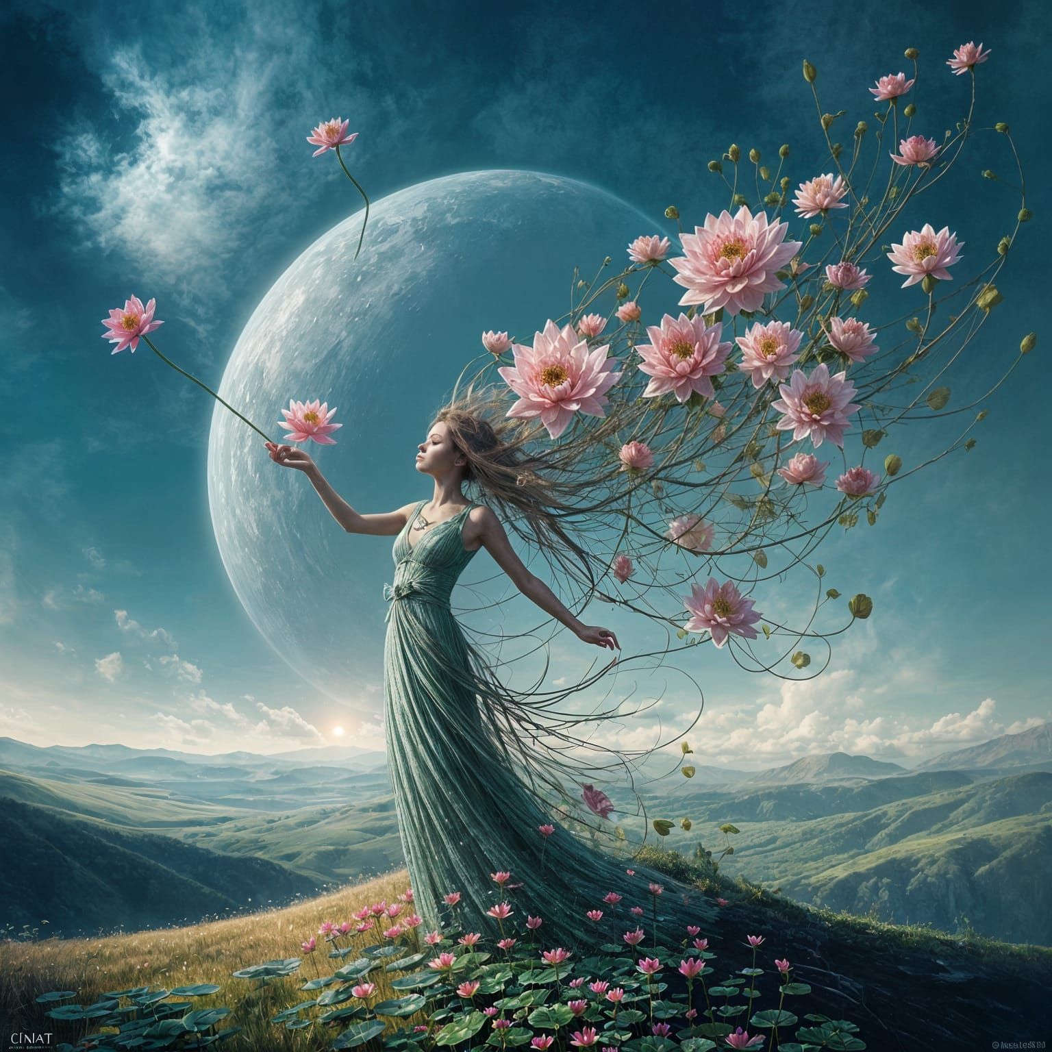 Woman with Lotus Flowers in Surrealist Digital Art