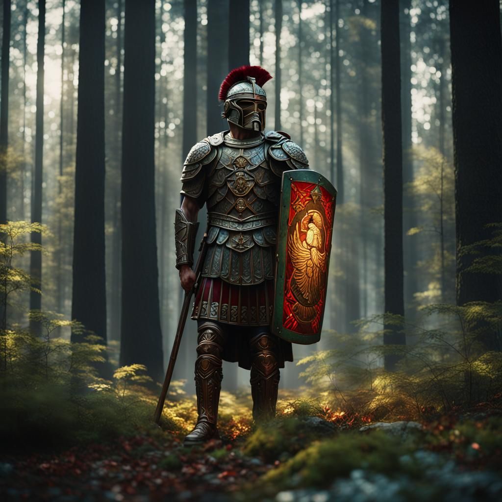 Stained Glass Roman Centurion in Forest Scene