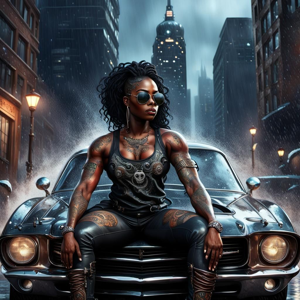 Gothic Digital Painting: Muscular Woman in Rainy Cityscape