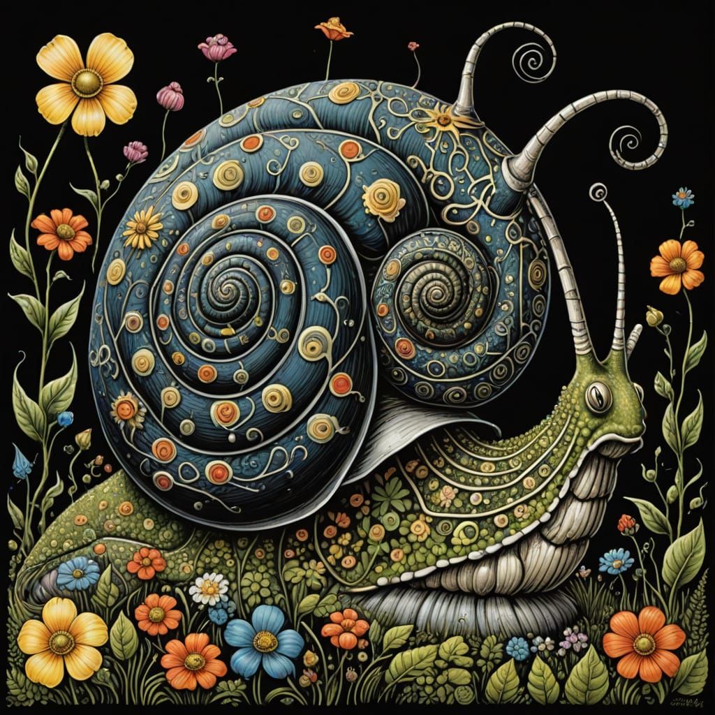 Surreal Giant Snail with Floral Antennae in Scratchboard Sty...