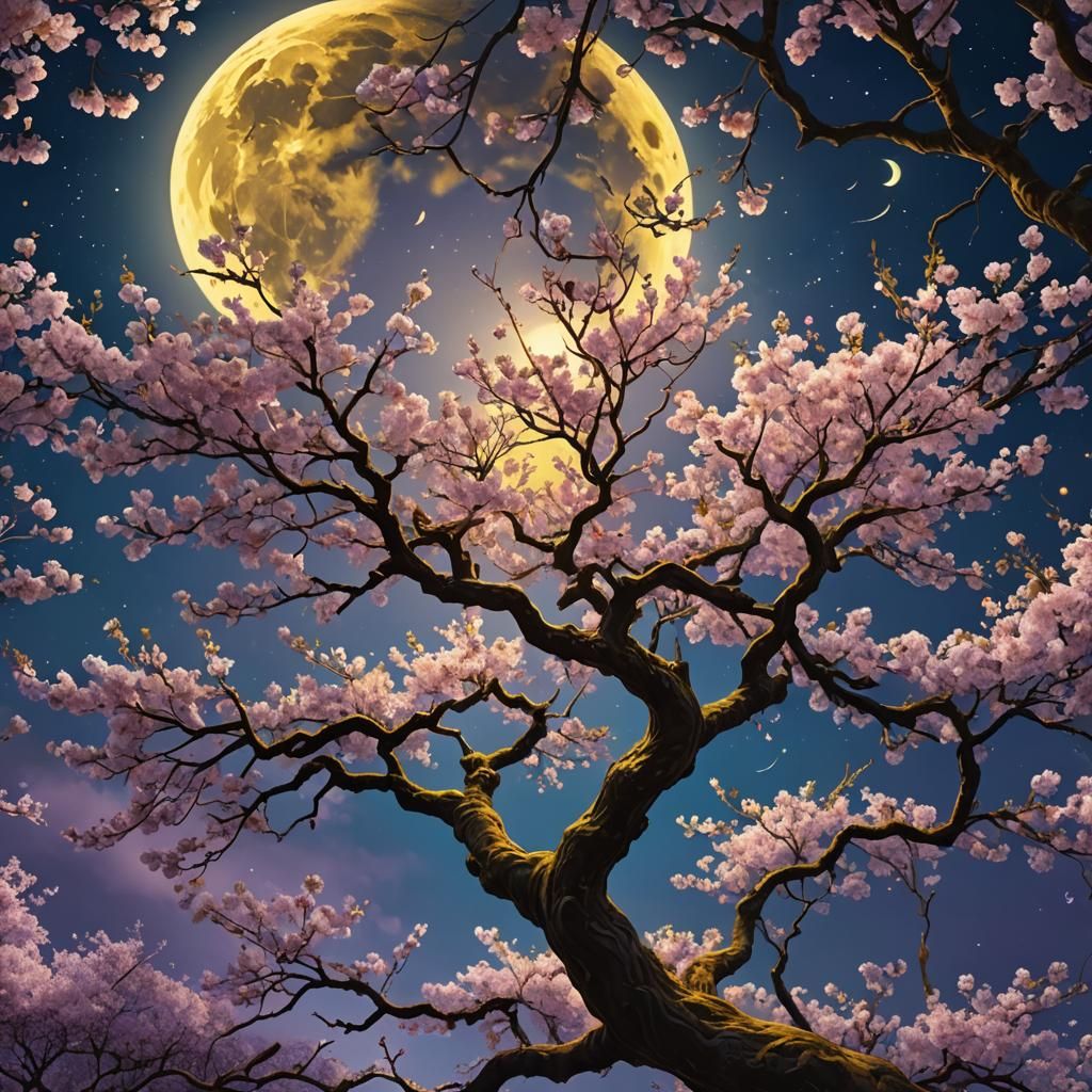 Blossom Tree Under Moon in Vibrant Oil Painting Style