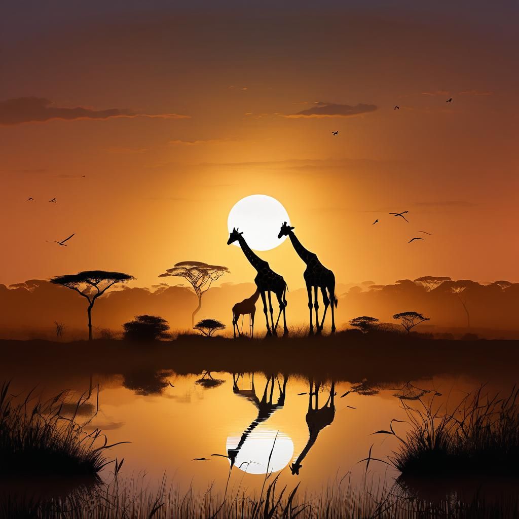 Line Art Giraffes on Savanna in Moody Watercolor