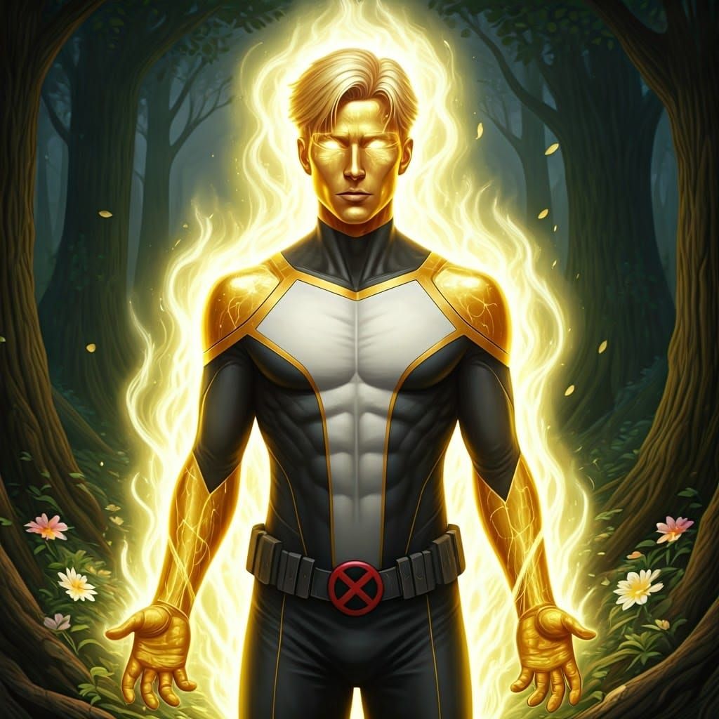 Elixir in Golden Aura, X-Men Uniform, and Nature's Harmony