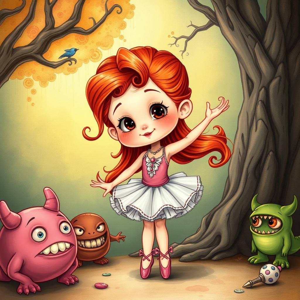 Chibi Ballet Girl with Monsters: Fantasy Illustration